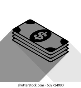 Bank Note dollar sign. Vector. Black icon with two flat gray shadows on white background.
