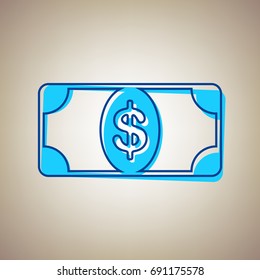 Bank Note dollar sign. Vector. Sky blue icon with defected blue contour on beige background.