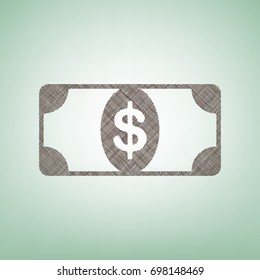 Bank Note dollar sign. Vector. Brown flax icon on green background with light spot at the center.