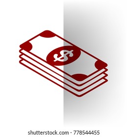 Bank Note dollar sign. Vector.  icon on white bending paper background.