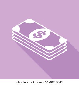Bank Note dollar sign. White Icon with long shadow at purple background. Illustration.