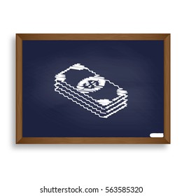 Bank Note dollar sign. White chalk icon on blue school board with shadow as background. Isolated.