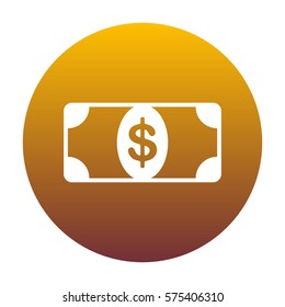 Bank Note dollar sign. White icon in circle with golden gradient as background. Isolated.