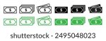 Bank Note icon set. Dollar money vector symbol. Banknote stack sign in black and green color