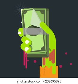 Bank Note In Zombie Hand. Selfish Money Concept - Vector Illustration