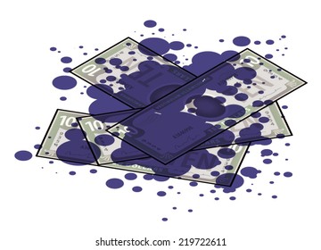 Bank notes stained with purple dye from an anti-theft dye bomb.