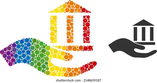 Bank offer hand mosaic icon of circle elements in different sizes and spectrum colorful color hues. A dotted LGBT-colored bank offer hand for lesbians, gays, bisexuals, and transgenders.