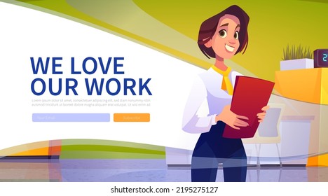 Bank office banner with woman clerk, cashier or credit consultant. Vector landing page of banking service staff with cartoon illustration of financial department with girl worker with documents