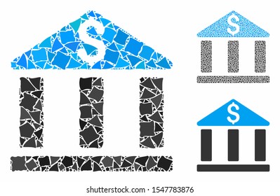 Bank office building composition of rugged items in variable sizes and shades, based on bank office building icon. Vector irregular items are united into collage.