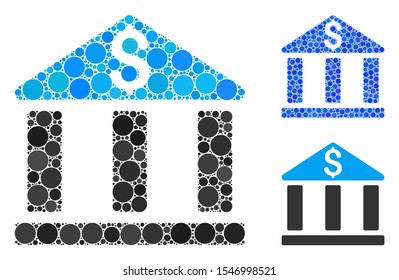 Bank office building composition of small circles in different sizes and color tones, based on bank office building icon. Vector small circles are combined into blue collage.