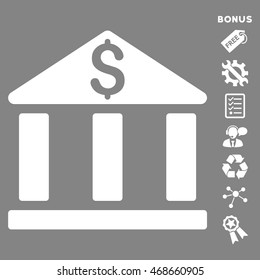 Bank Office Building icon with bonus pictograms. Vector illustration style is flat iconic symbols, white color, gray background, rounded angles.