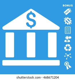 Bank Office Building icon with bonus pictograms. Vector illustration style is flat iconic symbols, white color, blue background, rounded angles.