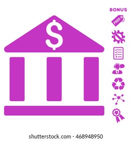 Bank Office Building icon with bonus pictograms. Vector illustration style is flat iconic symbols, violet color, white background, rounded angles.