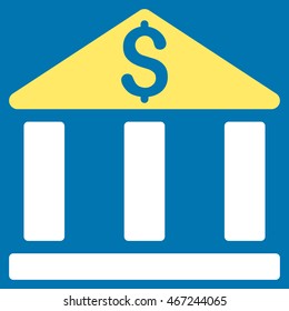 Bank Office Building icon. Vector style is bicolor flat iconic symbol with rounded angles, yellow and white colors, blue background.