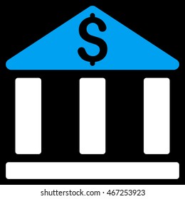 Bank Office Building icon. Vector style is bicolor flat iconic symbol with rounded angles, blue and white colors, black background.