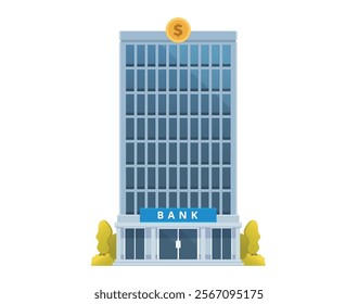 Bank Office Building Illustration, Facade. Editable Vector Illustration Front View on clean white background