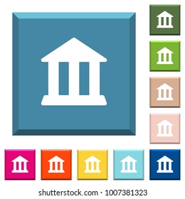 Bank office building white icons on edged square buttons in various trendy colors