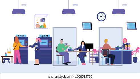 Bank office cash desk bank flat composition with clients receive financial services vector illustration