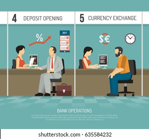 Bank office clerks performing operations of deposit opening and currency exchange flat vector illustration