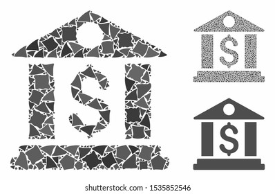 Bank office composition of joggly items in various sizes and color tinges, based on bank office icon. Vector raggy items are organized into collage. Bank office icons collage with dotted pattern.