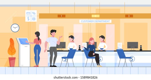 Bank office conept, customer department. People make financial operations, taking a loan and consulting. Client sitting at counter. Vector illustration in flat style