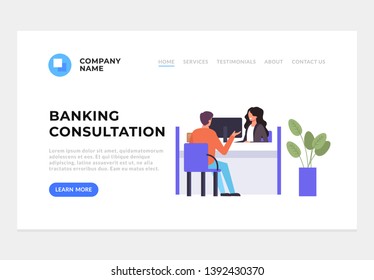 Bank office consultant adviser talking with client. Banking concept. Vector flat graphic design cartoon illustration