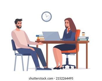 Bank office consultant adviser talking with client. Banking concept. Female bank employee in a suit with corporate symbols advises a man client. Vector flat illustration