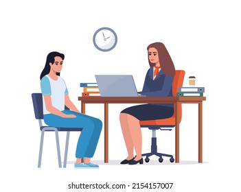 Bank office consultant adviser talking with client. Banking concept. Female bank employee in a suit with corporate symbols advises a woman client. Vector flat illustration