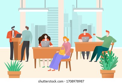 Bank office consultation, account manager talk to happy client, customer service people, vector illustration. Banking accountant help client in office. Smiling consultant man and woman bank management