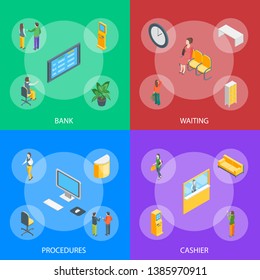 Bank Office Element Interior Banner Set Isometric View Client Service Concept Include of Queue and Staff. Vector illustration