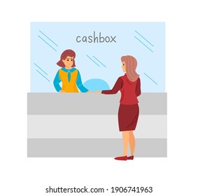 Bank office employees. Managers advise clients and serving bank customers. Woman gives money to cashier in bank office room cartoon vector