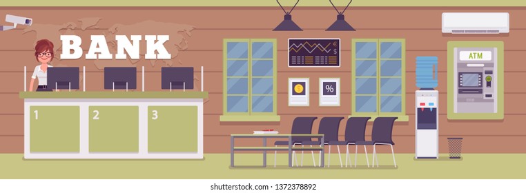 Bank office and female professional manager. Financial center modern corporate interior design, young woman working in a banking branch, employee to deal with services, customers. Vector illustration