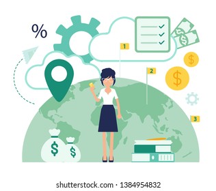 Bank office female professional manager. Financial center modern corporate design, woman of banking branch, employee to deal with services, customers. Vector abstract illustration, faceless character