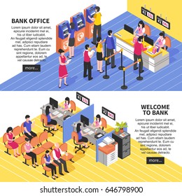 Bank Office Horizontal Isometric Banners With Service Of Visitors, Waiting Area, Atm, Interior Elements Isolated Vector Illustration