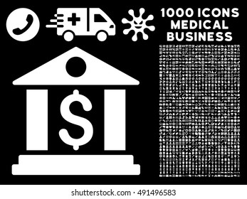 Bank Office icon with 1000 medical commercial white vector pictograms. Set style is flat symbols, black background.