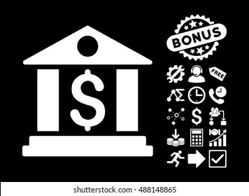 Bank Office icon with bonus clip art. Vector illustration style is flat iconic symbols, white color, black background.