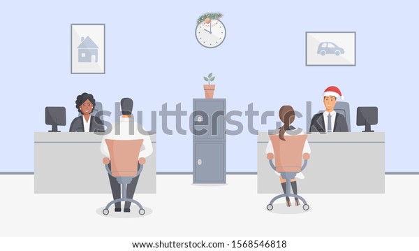 Bank office or insurance company Christmas and New year:\
bank employees sitting behind tables and serving bank customers.\
Elegant interior with wall clock and paintings with house and\
car.Safe.Vector 