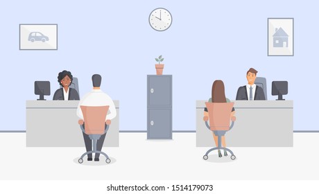 Bank office or insurance company: bank employees sitting behind tables and serving bank customers. Elegant interior with wall clock and paintings with house and car.Safe.Vector illustration