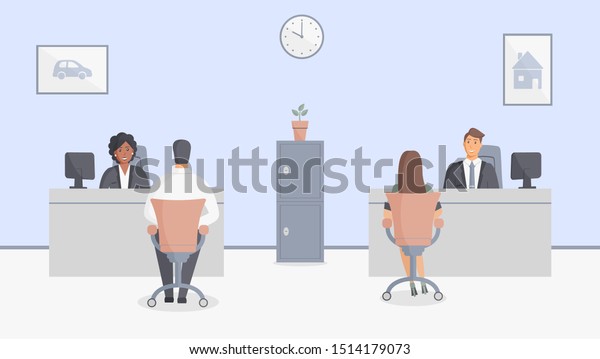 Bank office or insurance company: bank
employees sitting behind tables and serving bank customers. Elegant
interior with wall clock and paintings with house and
car.Safe.Vector
illustration