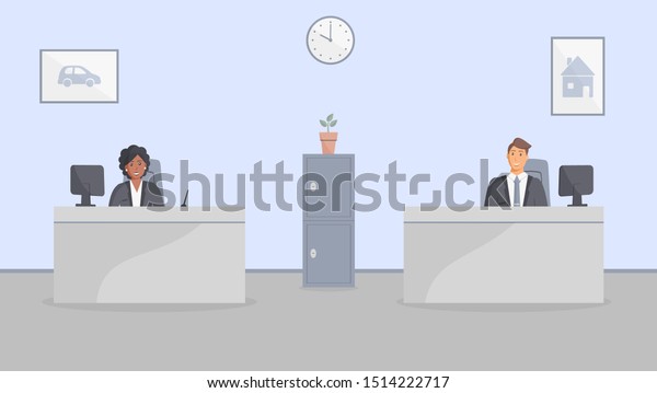 Bank office or insurance company: bank\
employees sitting behind tables and ready to serve bank customers.\
Elegant interior with wall clock and paintings with house and\
car.Safe.Vector\
illustration