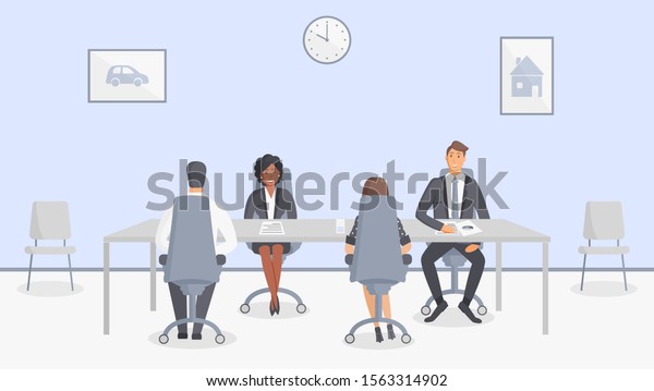Bank
office or insurance company: bank employees sitting behind table at
the production meeting. Elegant interior with wall clock and
paintings with house and car.Vector
illustration