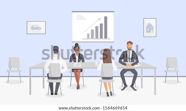 Bank office or
insurance company: bank employees sitting behind table at the
production meeting. Elegant interior with diagram and paintings
with house and car.Vector
illustration