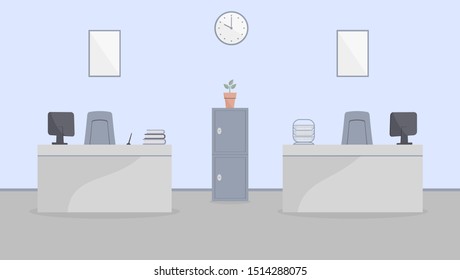 Bank office or insurance company interior: work tables with books and paper stand. Elegant interior with wall clock and paintings with house and car.Safe.Vector illustration