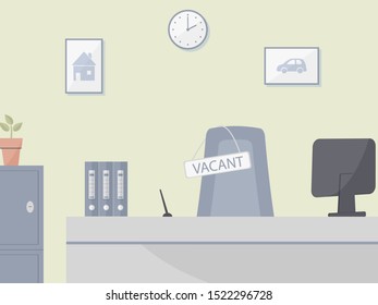 Bank office or insurance company interior with hiring and recruiting concept : vacant position,empty office chair with vacant sign on pale green background. Elegant cute room.Vector illustration