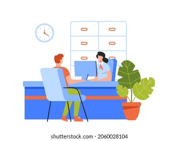 Bank Office or Insurance Company Interior with Female Receptionist Employee Sitting Behind of Table Serving Customer. Assistant and Client Characters Communicate Cartoon People Vector Illustration