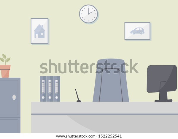Bank
office or insurance company interior: table and safe, plant in pot
on pale green background. Elegant cute room with wall clock and
paintings with house and car.Vector
illustration