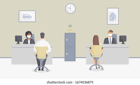 Bank office or insurance company is open during epidemic of virus. Employees in protective medical masks serve customers.Interior with safe and paintings with house and car.Vector illustration