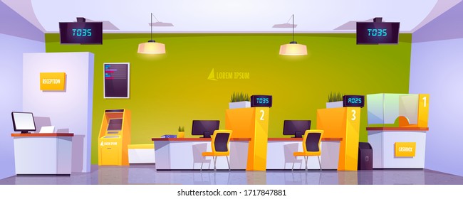 Bank office interior with atm, cash box, staff desk and reception counter. Vector cartoon illustration of empty bank lobby with furniture, queue displays and automated teller machine