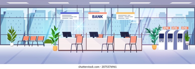 Bank Office Interior With Atm And Staff Desks Corporate Room Lobby With Furniture And Automated Teller Machines