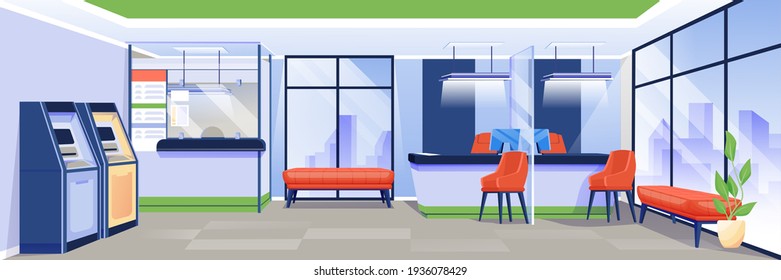 Bank office interior background. Finance services, business department place vector illustration. Financial workplace design with counters, atms, chairs, computers, windows.